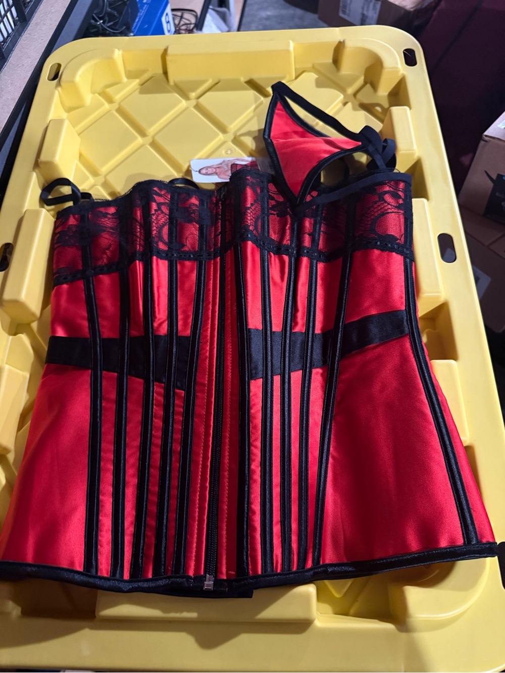 Shirley of Hollywood Red Satin Corset with Black Lace